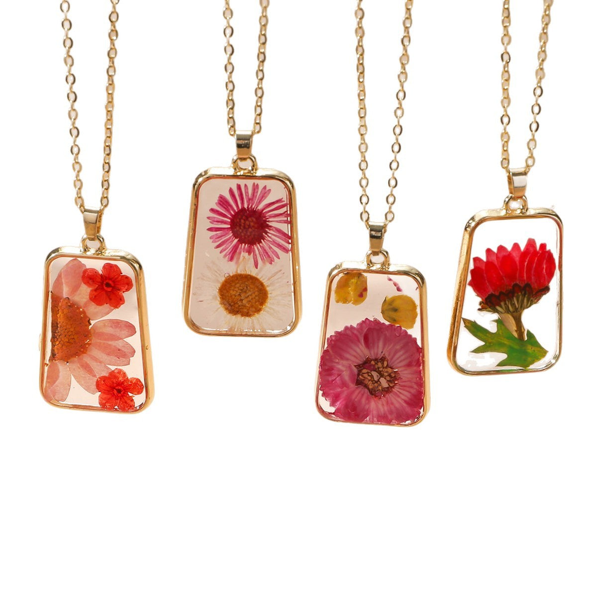 Pressed Flower Rectangle Resin Pendant Necklace - view 1