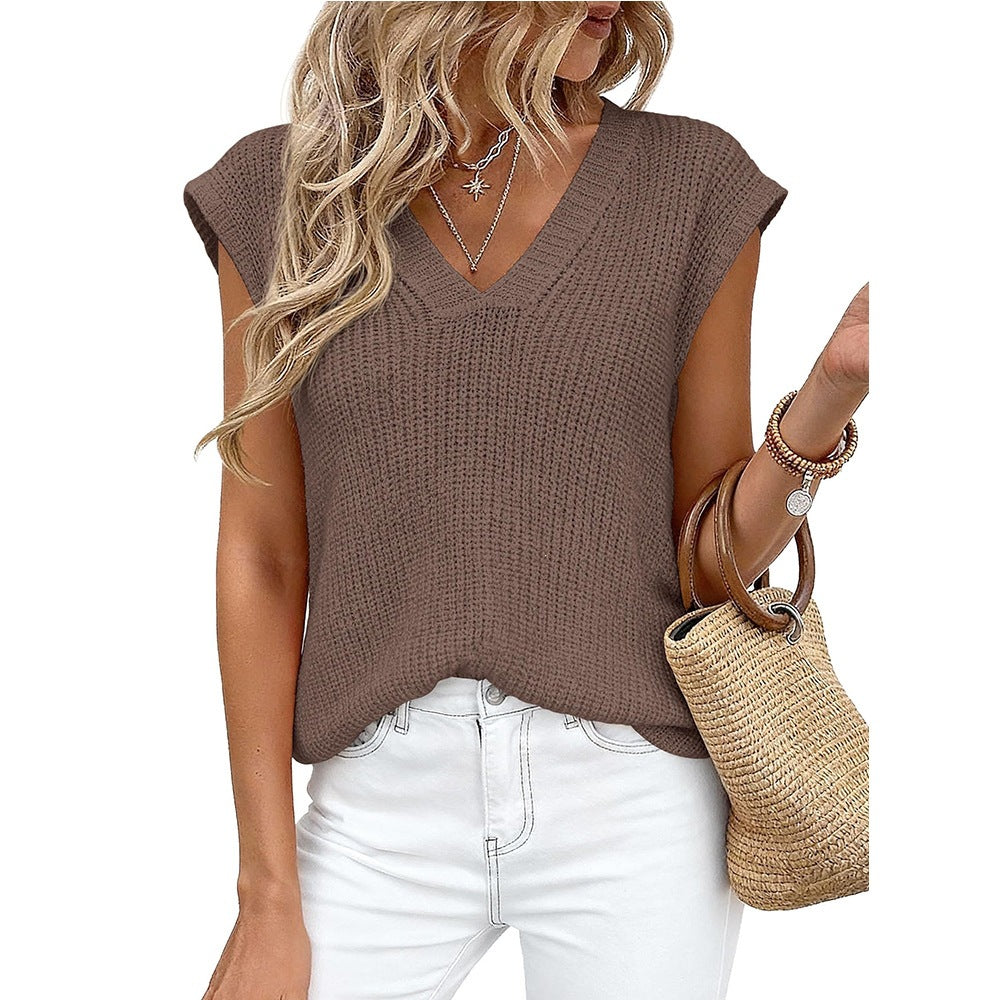 Cap Sleeve V Neck Ribbed Knit Top - Coffee