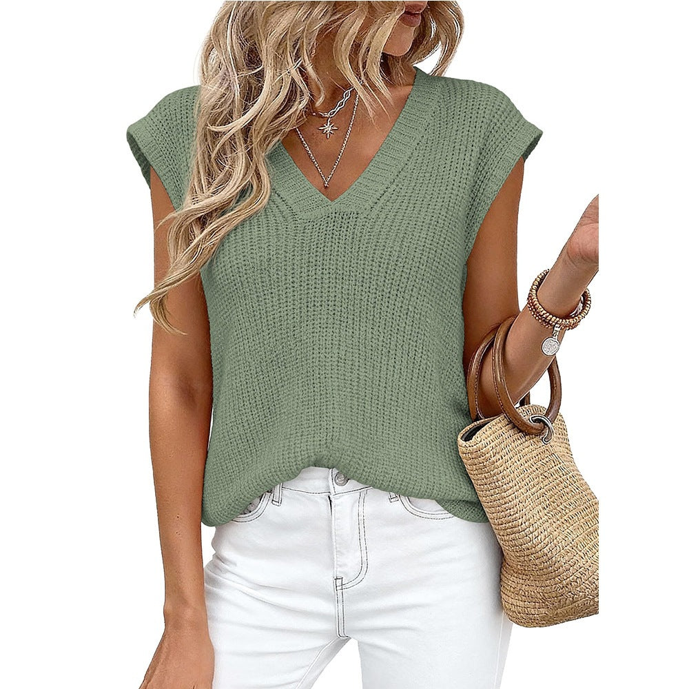 Cap Sleeve V Neck Ribbed Knit Top - Green