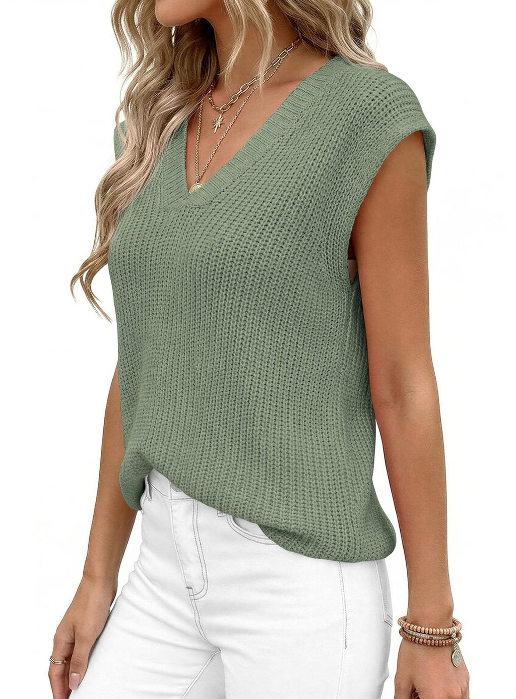Cap Sleeve V Neck Ribbed Knit Top - Green - 1
