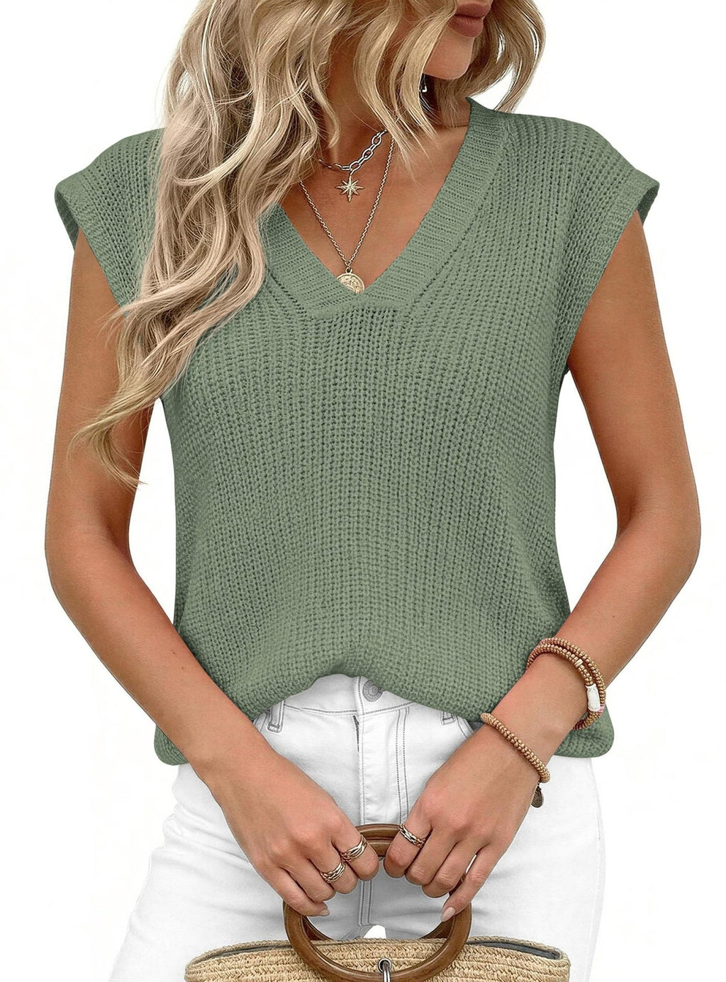 Cap Sleeve V Neck Ribbed Knit Top - Green - 2