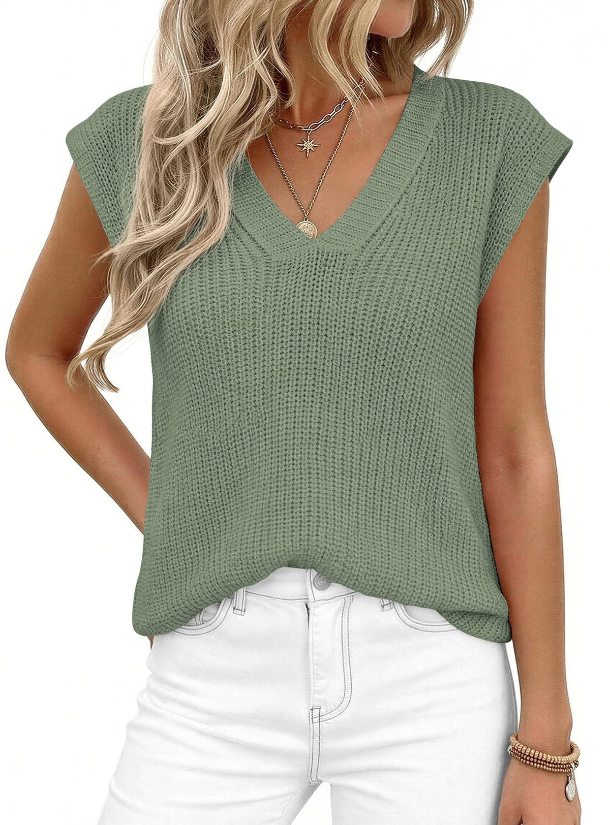 Cap Sleeve V Neck Ribbed Knit Top - Green - 3