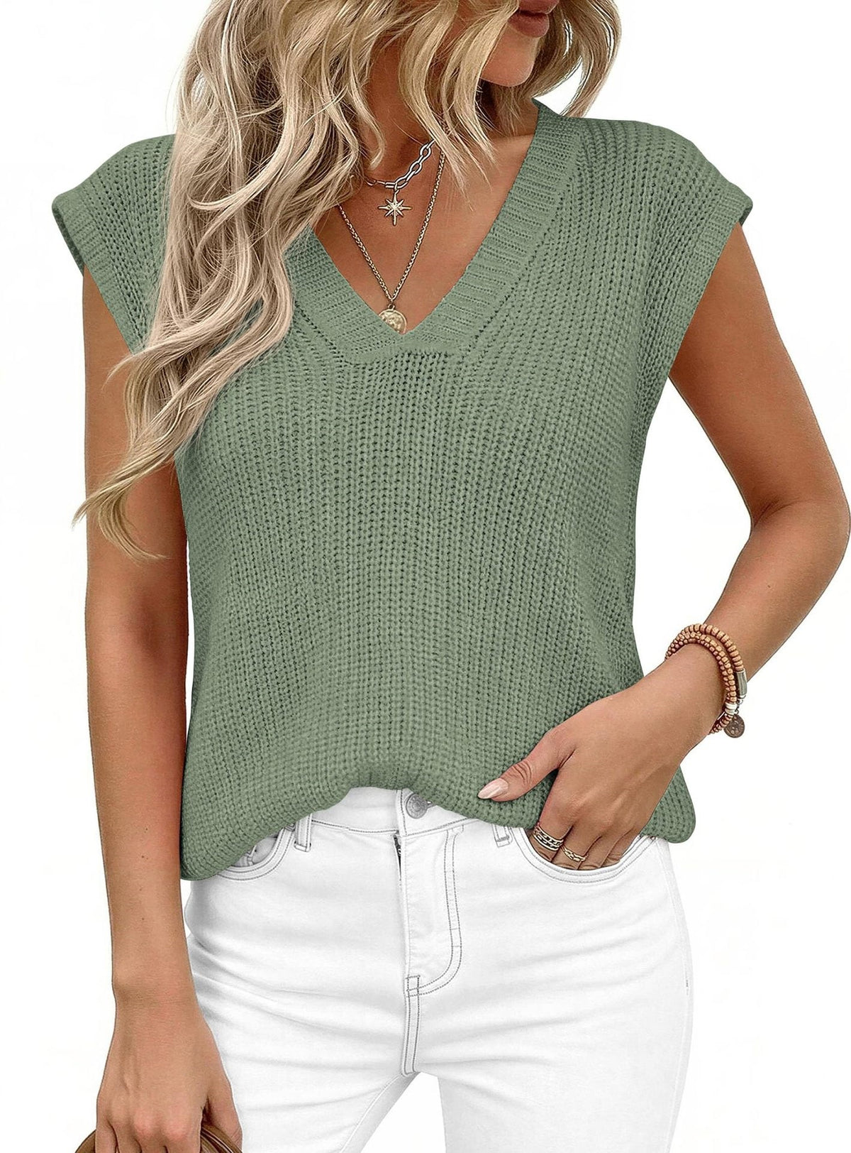 Cap Sleeve V Neck Ribbed Knit Top - Green - 4