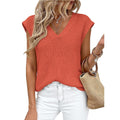 Cap Sleeve V Neck Ribbed Knit Top - Red