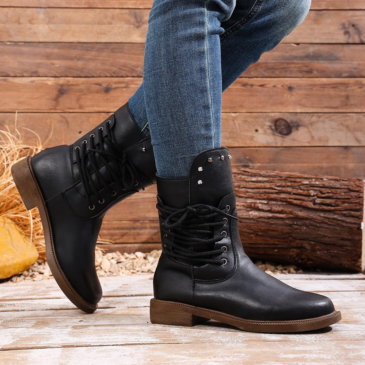 Studded Lace Up Mid Calf Boots - Black