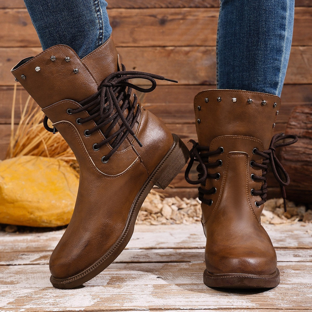 Studded Lace Up Mid Calf Boots - Brown