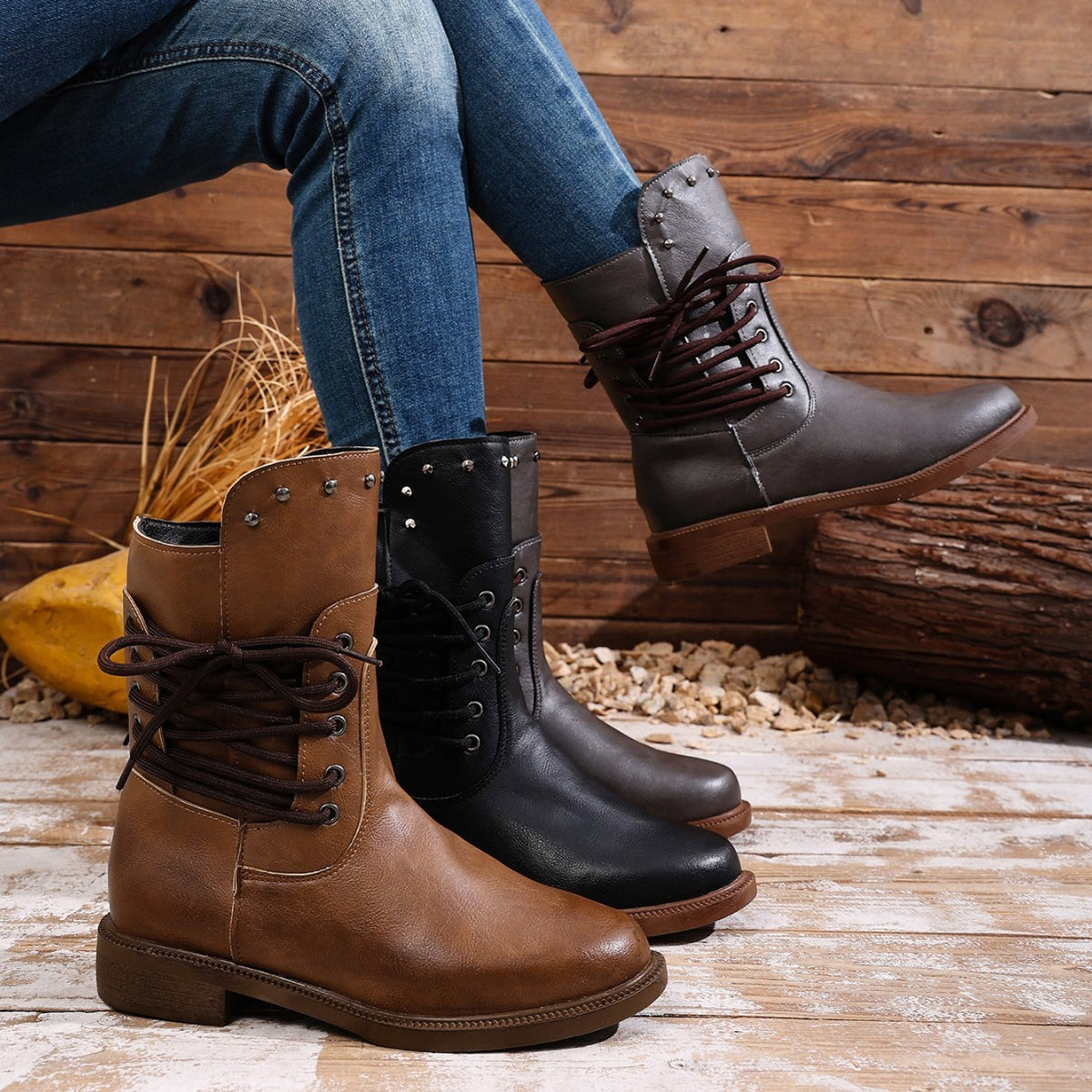 Studded Lace Up Mid Calf Boots