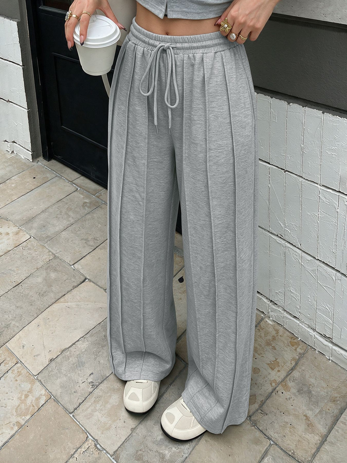 Ribbed Wide Leg Sweatpants With Drawstring - Gray - 2