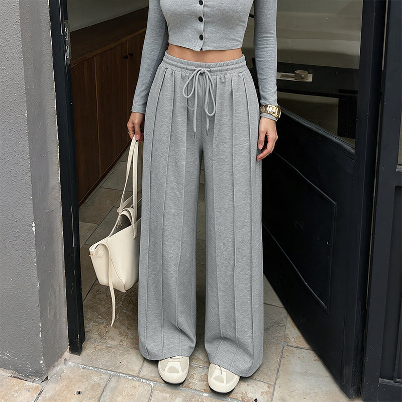 Ribbed Wide Leg Sweatpants With Drawstring - Gray - 5