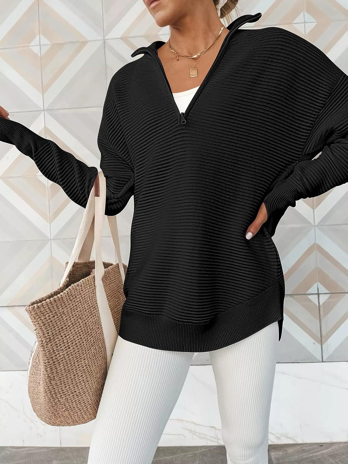 Half Zip Collared Ribbed Knit Top - Black
