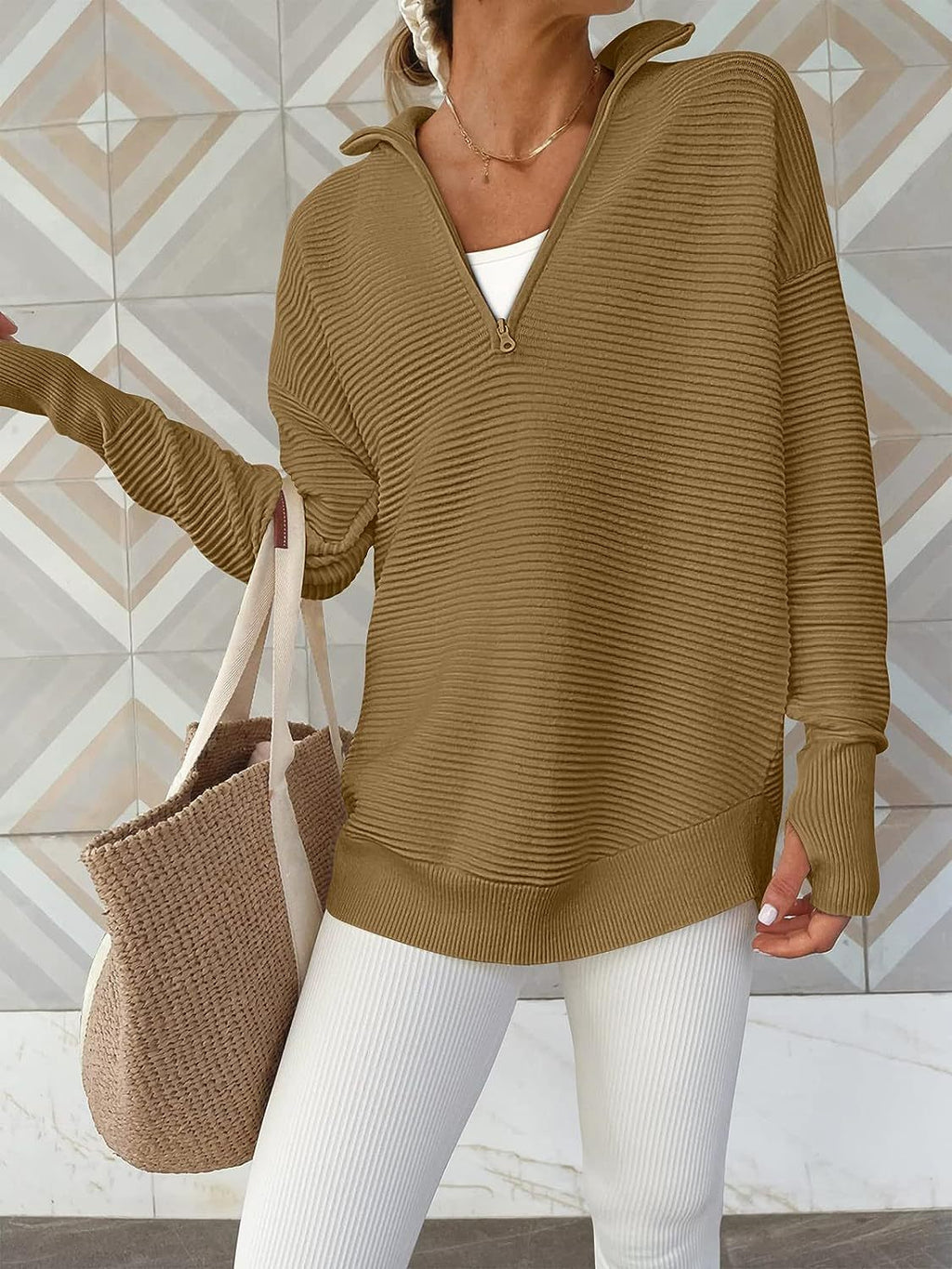 Half Zip Collared Ribbed Knit Top - Brown