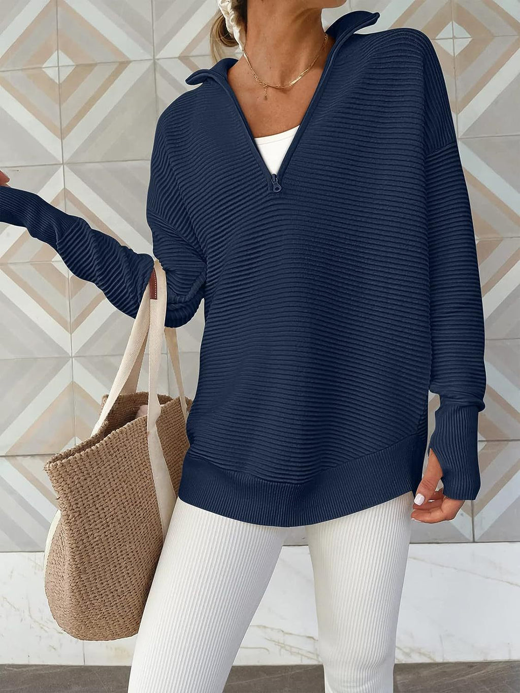 Half Zip Collared Ribbed Knit Top - Darkblue