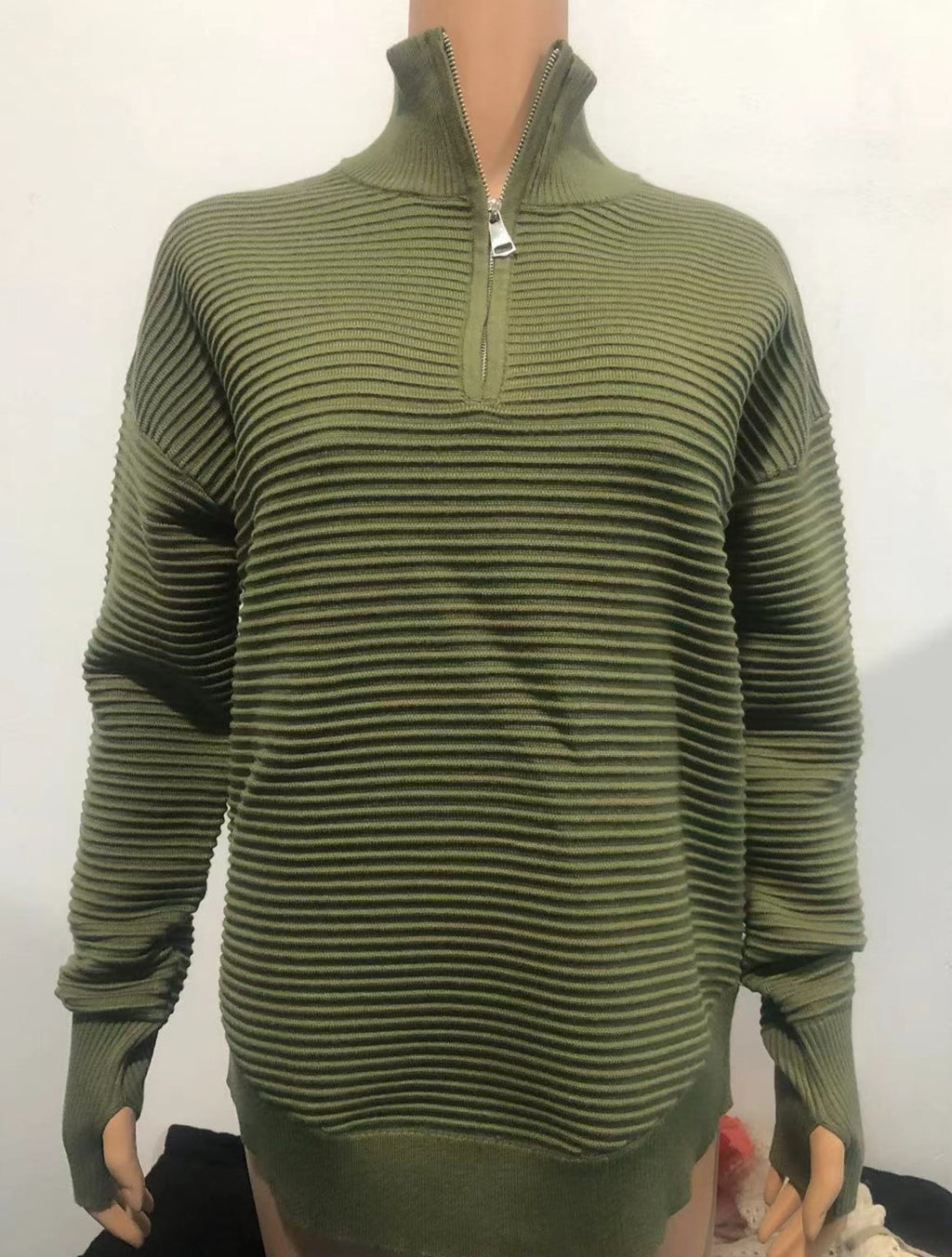 Half Zip Collared Ribbed Knit Top - Green