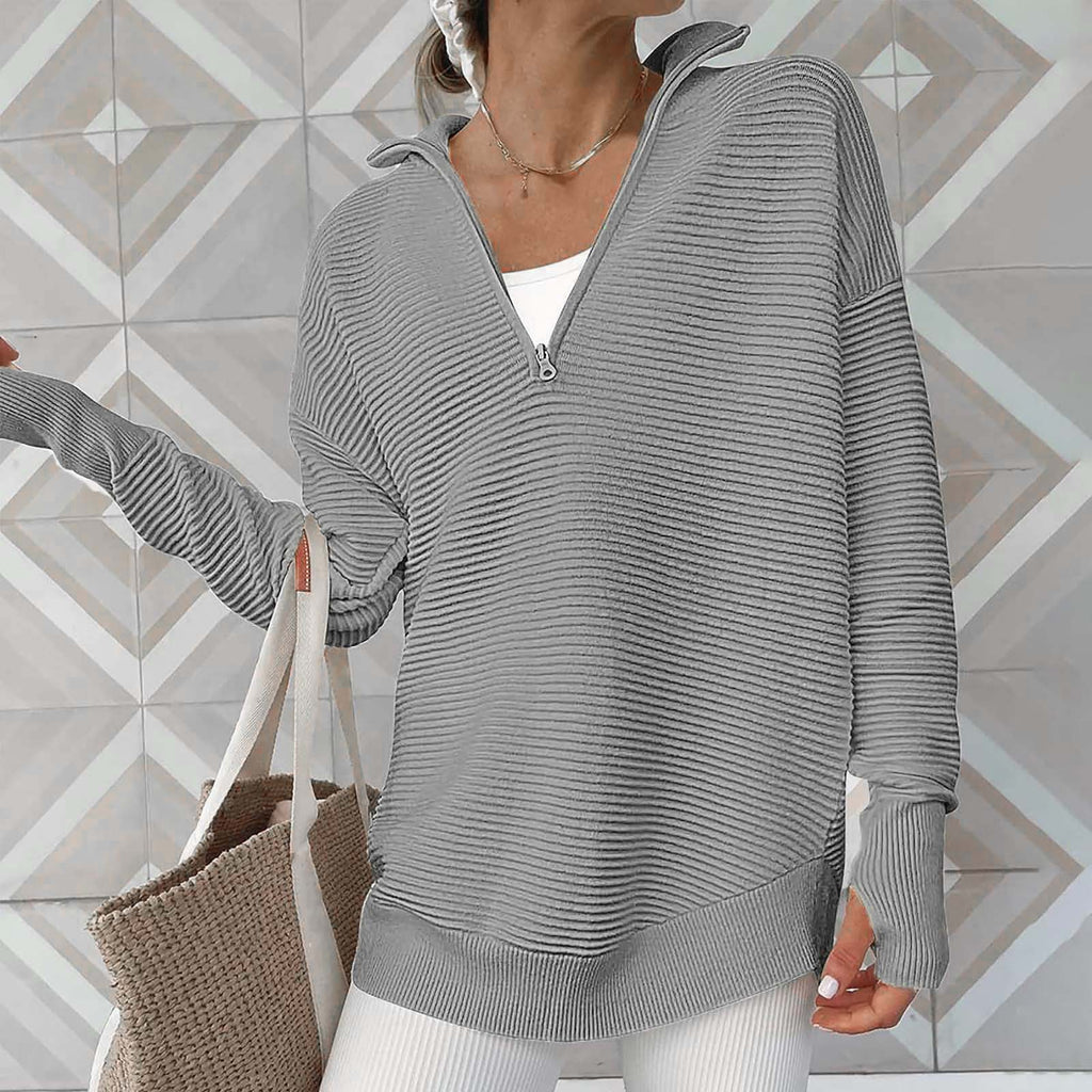 Half Zip Collared Ribbed Knit Top - Grey
