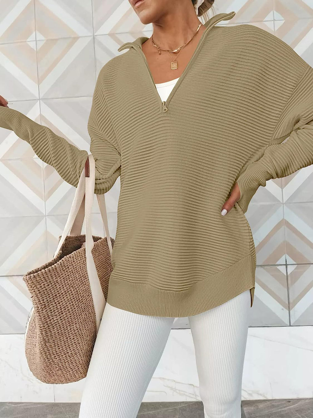 Half Zip Collared Ribbed Knit Top - Khaki