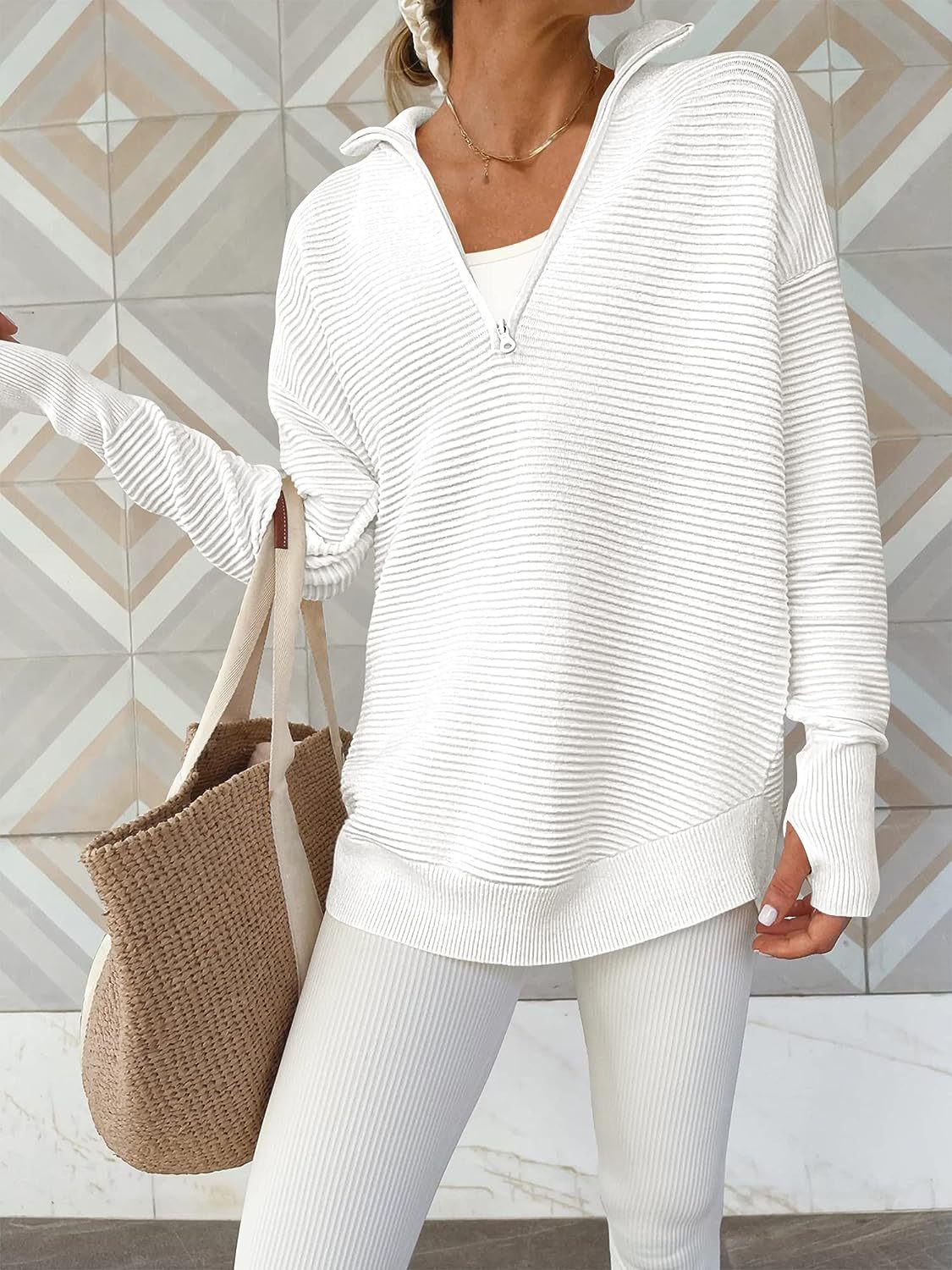 Half Zip Collared Ribbed Knit Top - White