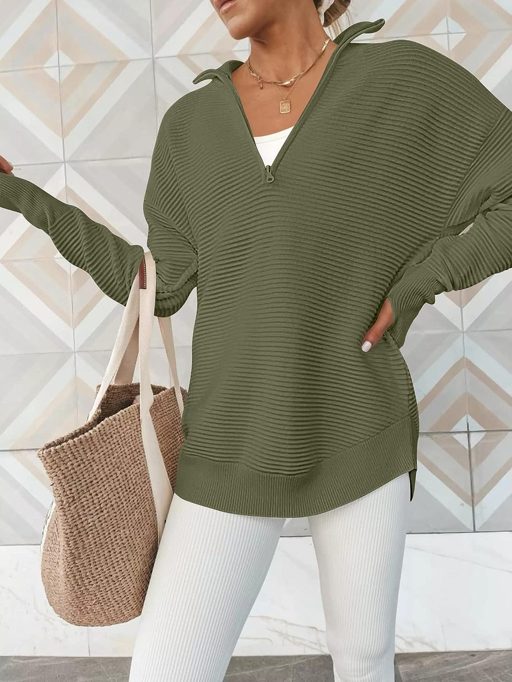Half Zip Collared Ribbed Knit Top