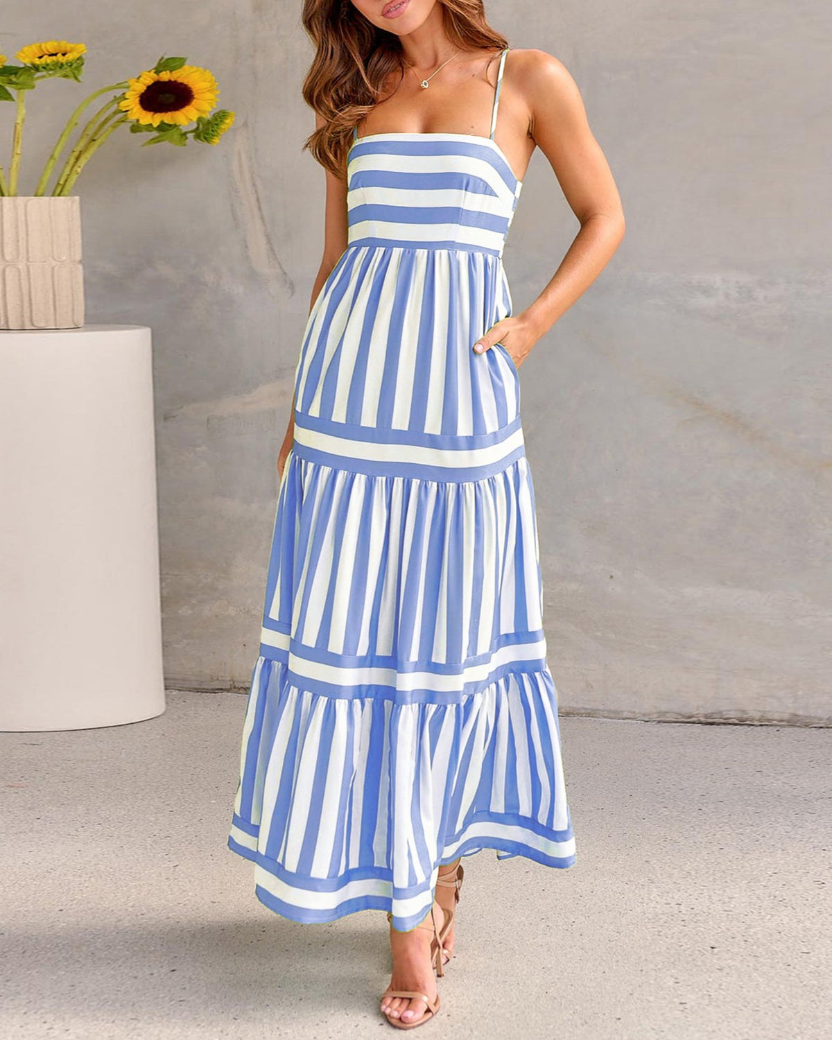 Striped Tiered Maxi Sundress With Pockets - Blue
