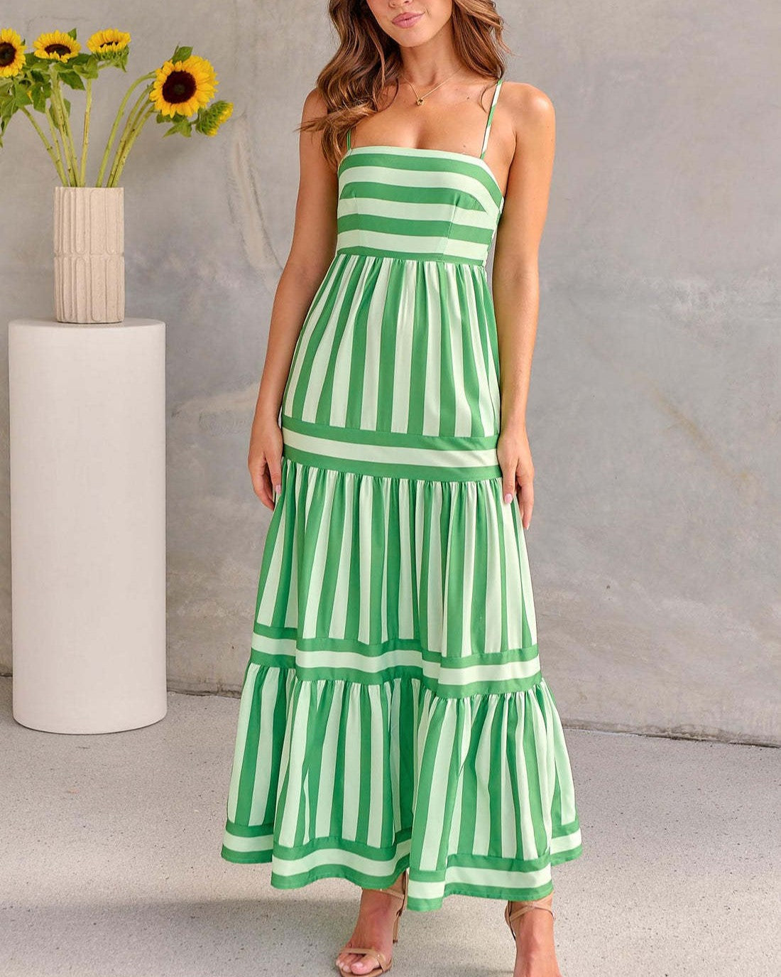 Striped Tiered Maxi Sundress With Pockets - Green