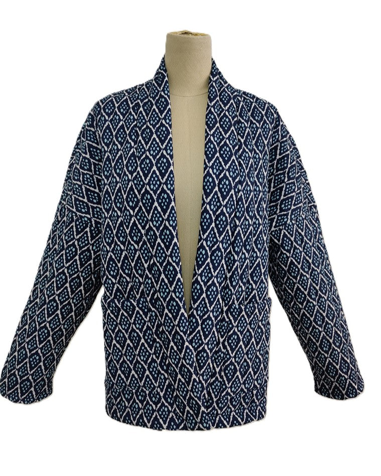 Quilted Diamond Print Kimono Jacket - Navy - 1