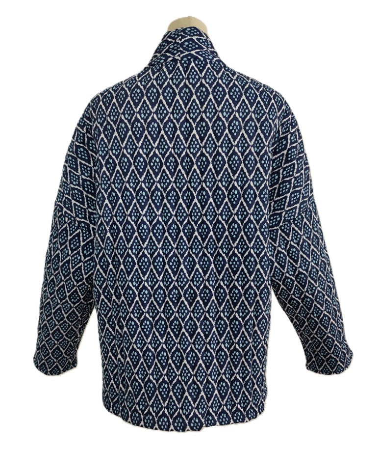 Quilted Diamond Print Kimono Jacket - Navy - 2