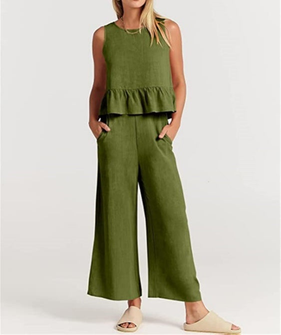 Ruffle Hem Tank And Wide Leg Pants Set - ArmyGreen