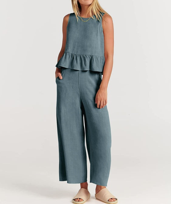 Ruffle Hem Tank And Wide Leg Pants Set - GreyBlue
