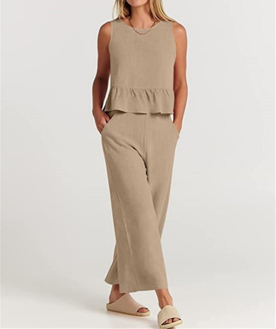 Ruffle Hem Tank And Wide Leg Pants Set - Khaki