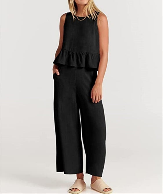 Ruffle Hem Tank And Wide Leg Pants Set - black