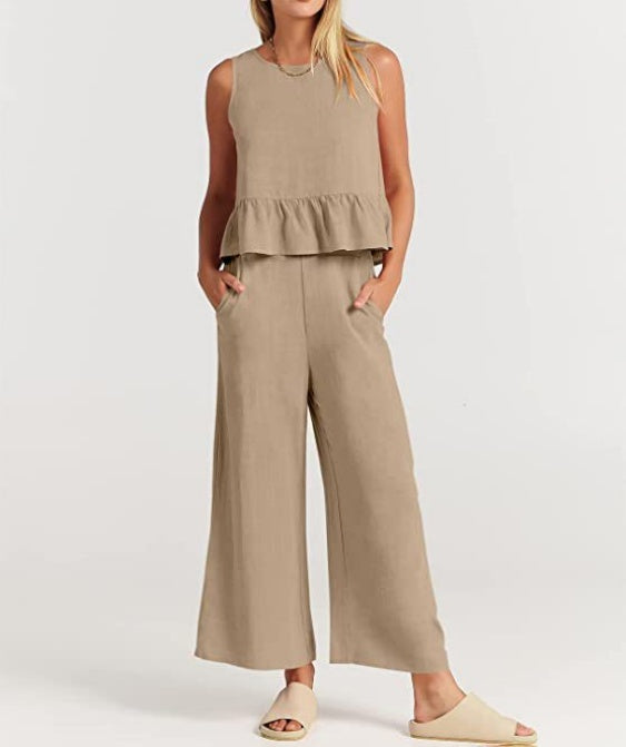 Ruffle Hem Tank And Wide Leg Pants Set