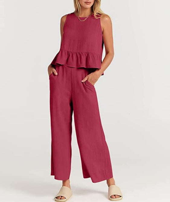 Ruffle Hem Tank And Wide Leg Pants Set - view 1