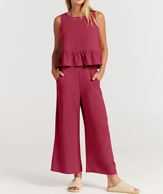 Ruffle Hem Tank And Wide Leg Pants Set - view 6