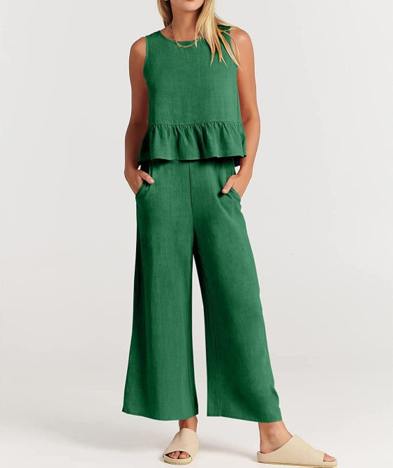 Ruffle Hem Tank And Wide Leg Pants Set - green