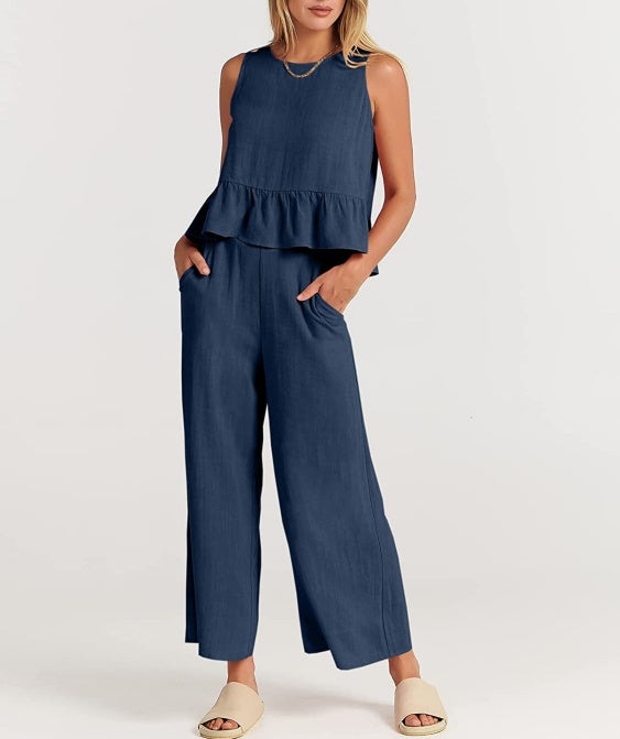 Ruffle Hem Tank And Wide Leg Pants Set - navy