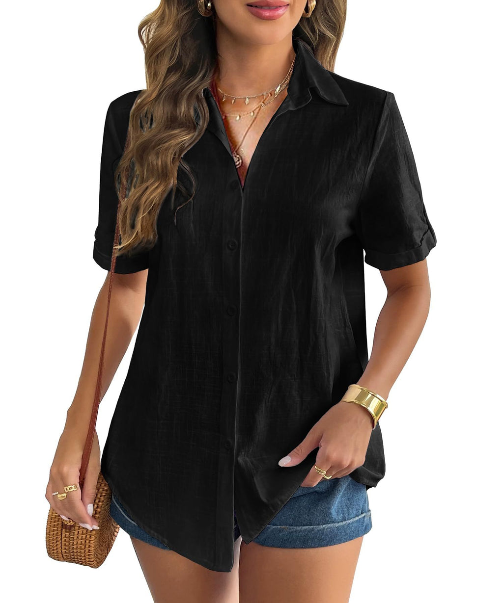 Crinkle Texture Collared Short Sleeve Blouse - Black
