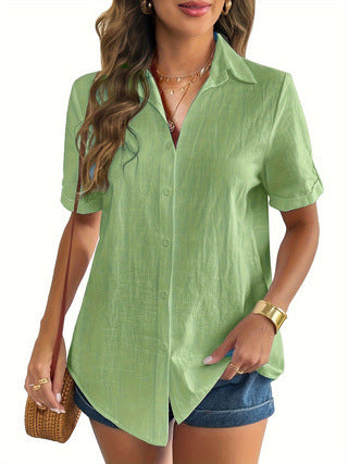 Crinkle Texture Collared Short Sleeve Blouse - Green