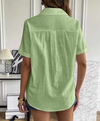 Crinkle Texture Collared Short Sleeve Blouse - Green - 2
