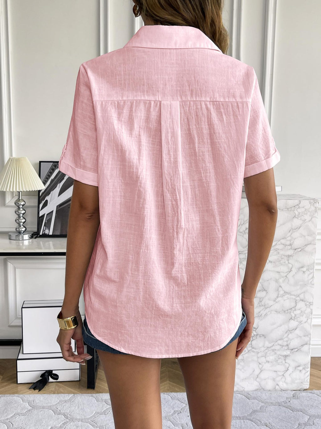 Crinkle Texture Collared Short Sleeve Blouse - Pink - 2