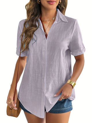 Crinkle Texture Collared Short Sleeve Blouse - Purple - 1