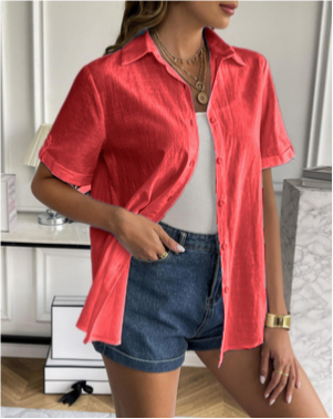 Crinkle Texture Collared Short Sleeve Blouse - Red - 2