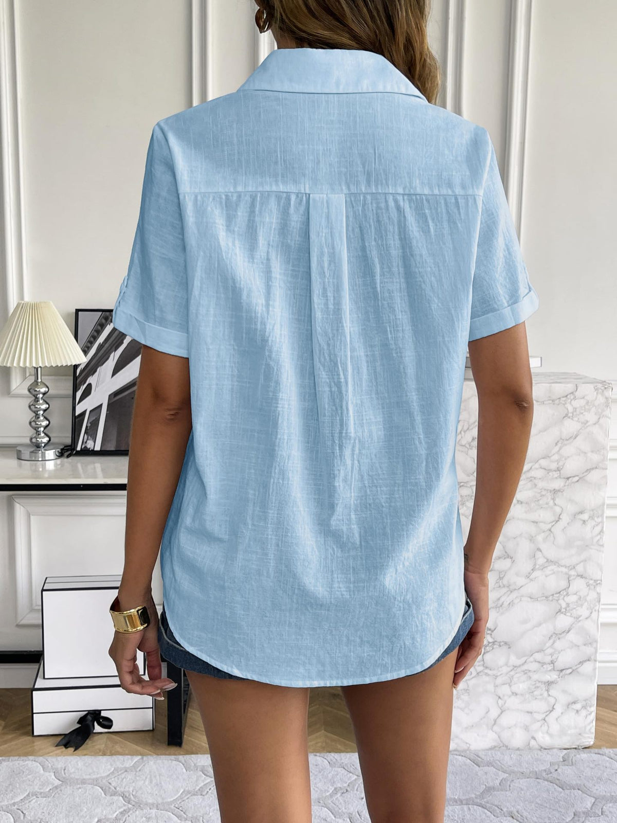 Crinkle Texture Collared Short Sleeve Blouse - SkyBlue - 2