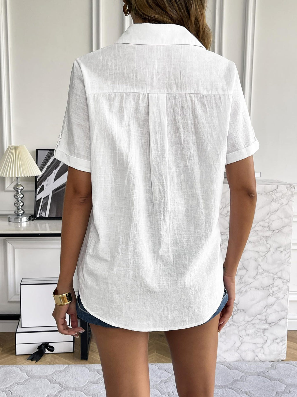 Crinkle Texture Collared Short Sleeve Blouse - White - 1
