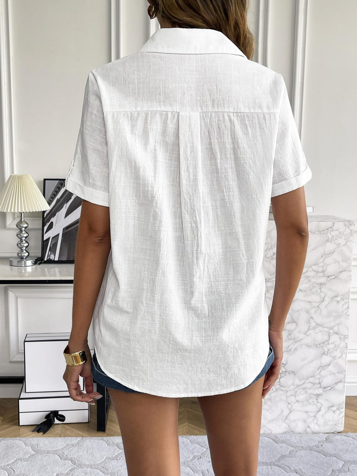 Crinkle Texture Collared Short Sleeve Blouse - White - 1