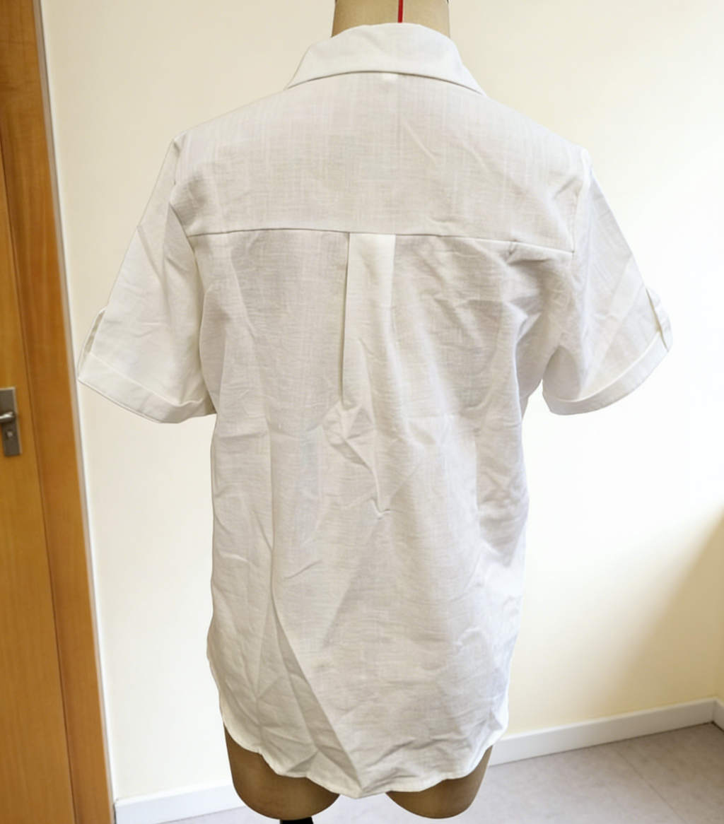 Crinkle Texture Collared Short Sleeve Blouse - White - 2