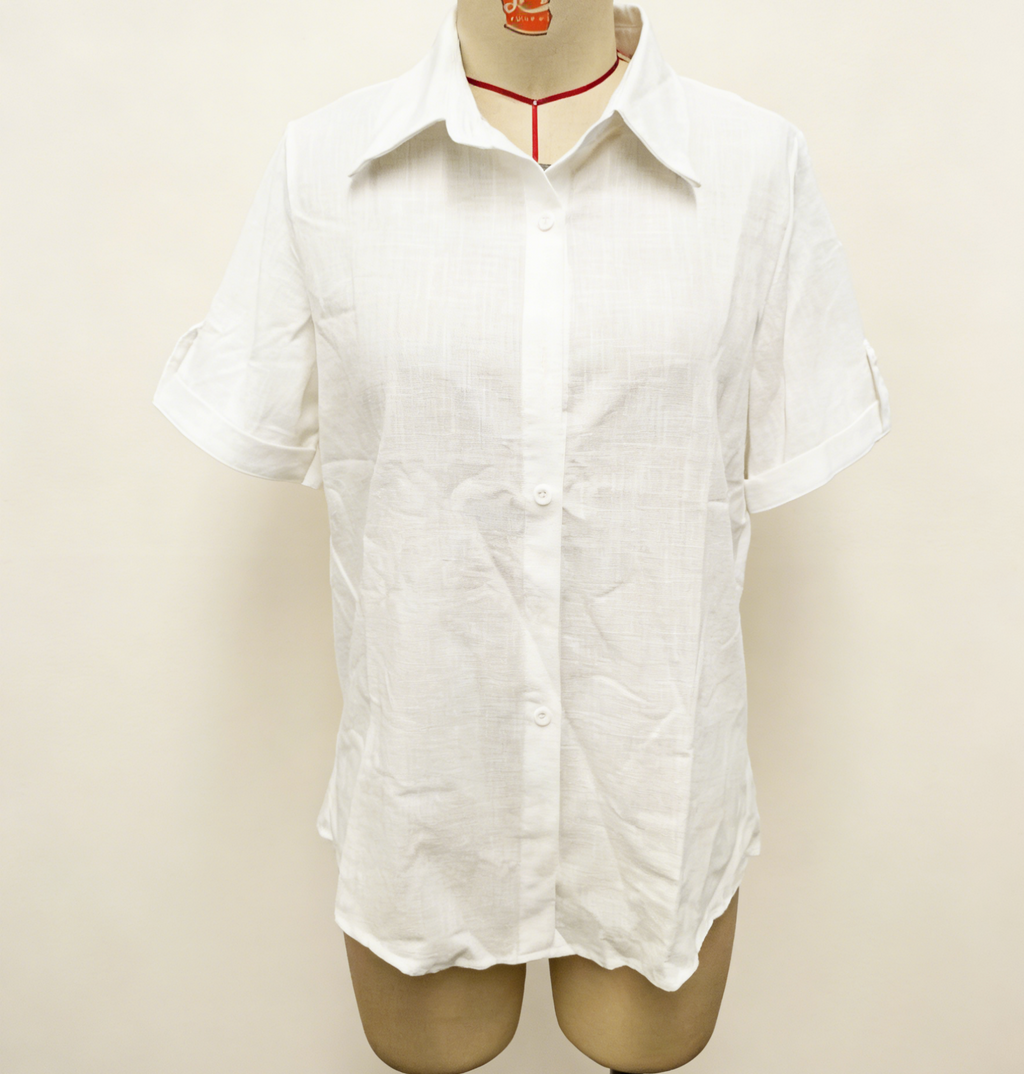 Crinkle Texture Collared Short Sleeve Blouse - White - 4