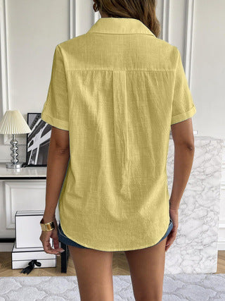Crinkle Texture Collared Short Sleeve Blouse - Yellow - 2