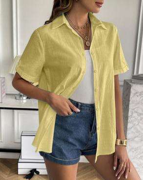 Crinkle Texture Collared Short Sleeve Blouse - Yellow - 3