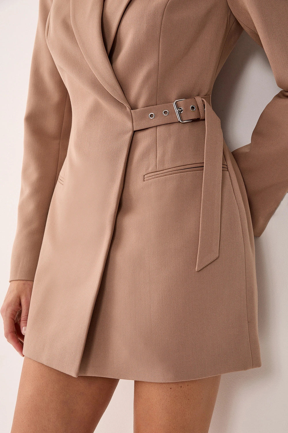 Belted Lapel Blazer Mini Dress - Camel