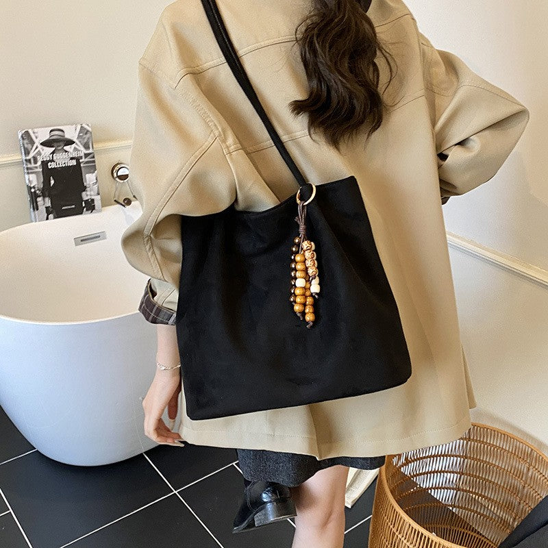 Slouchy Faux Suede Shoulder Tote Bag - Black