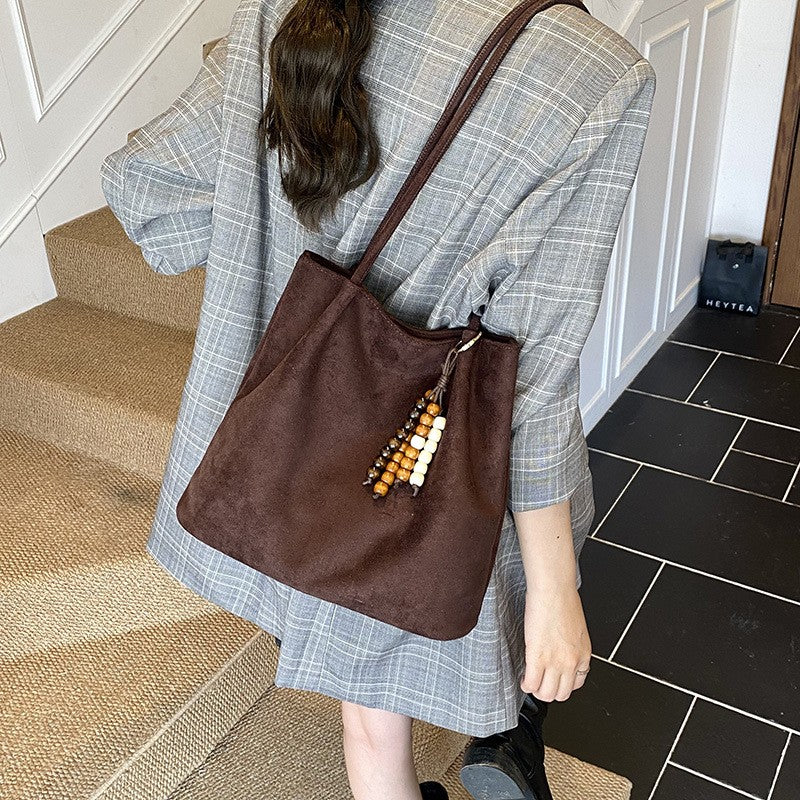 Slouchy Faux Suede Shoulder Tote Bag - Chocolate